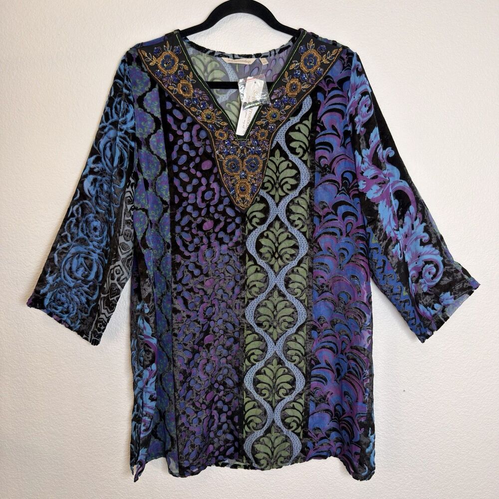 Soft Surroundings Vistosa Velvet Burnout Beaded Tunic L Purple Whimsigoth Boho
